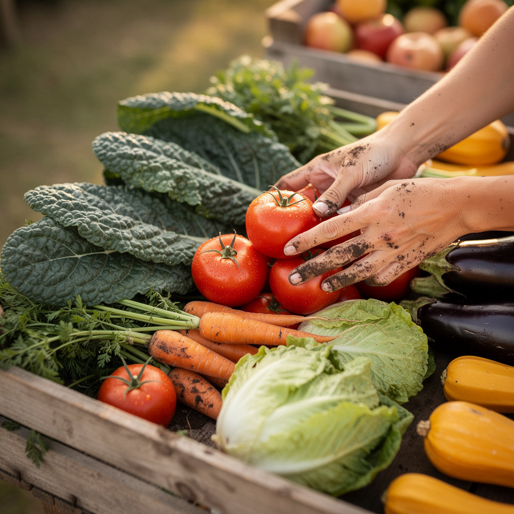 San Diego Organic Farms fresh harvest of colorful organic vegetables and fruits in Ramona, CA