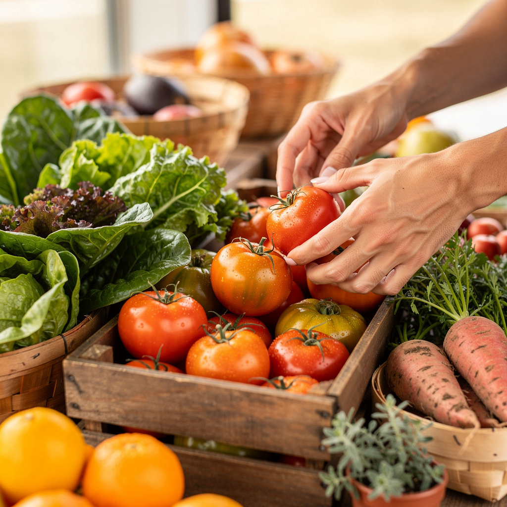 Fresh seasonal organic produce basket from San Diego Organic Farms in Ramona, CA