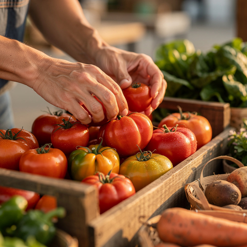 San Diego Organic Farms fresh produce display at our Ramona farm stand, showcasing organic and sustainable goods